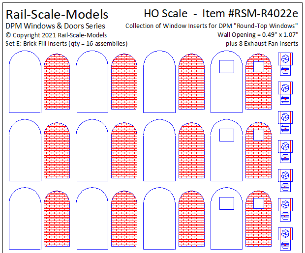 HO Scale Window Inserts for DPM Round~Top Windows ~ Brick Fill